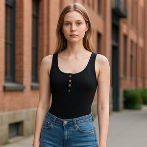 Intimately By Free People Black‎ Ribbed Henley Button Tank Bodysuit Women Small